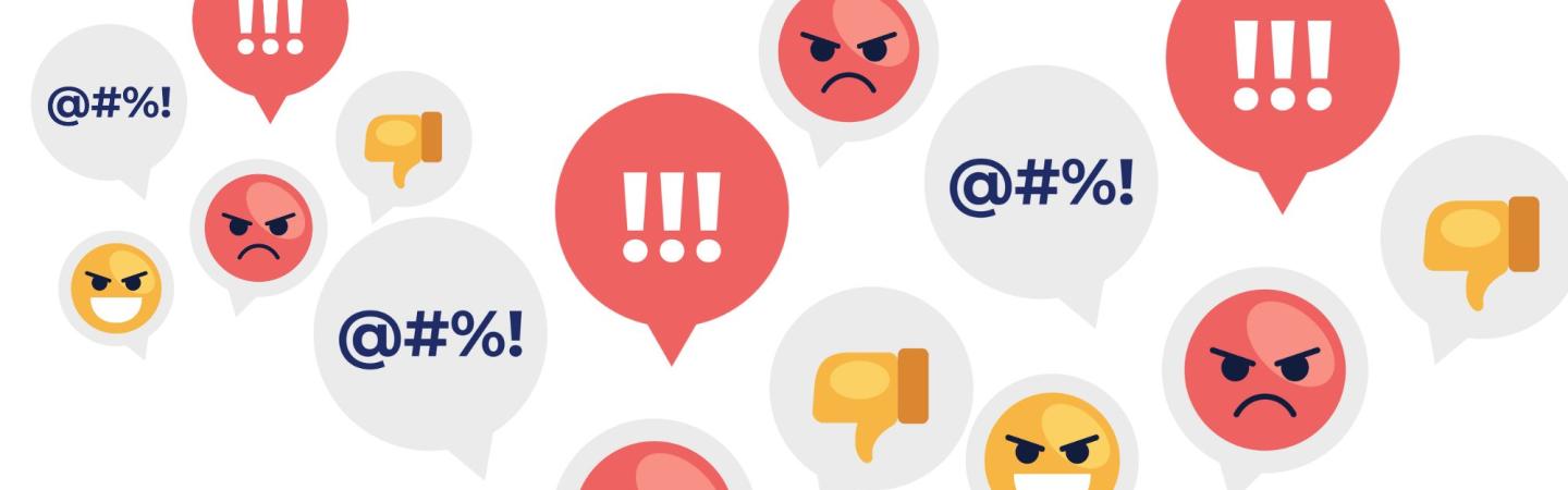 Image shows emojis and graphics of angry faces. 